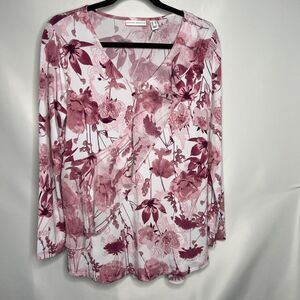 Susan Graver Top Women XS Pink Floral Liquid Knit Ruffle V Neck Chiffon